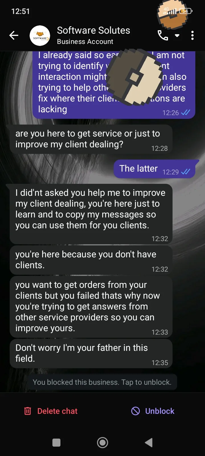 WhatsApp chat showing the business blocked after saying 'Don't worry I'm your father in this field'