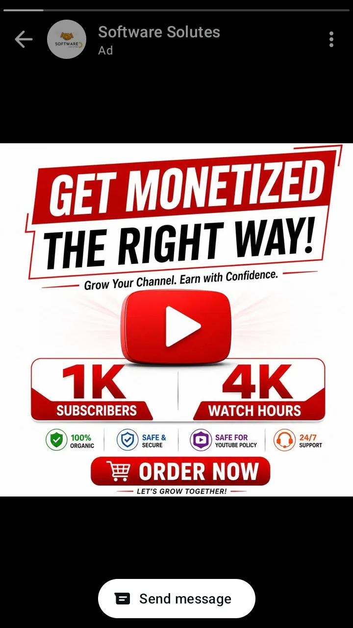 Instagram ad for a YouTube growth service promising 1K subscribers and 4K watch hours, labelled 100% organic, safe and secure, and safe for YouTube policy