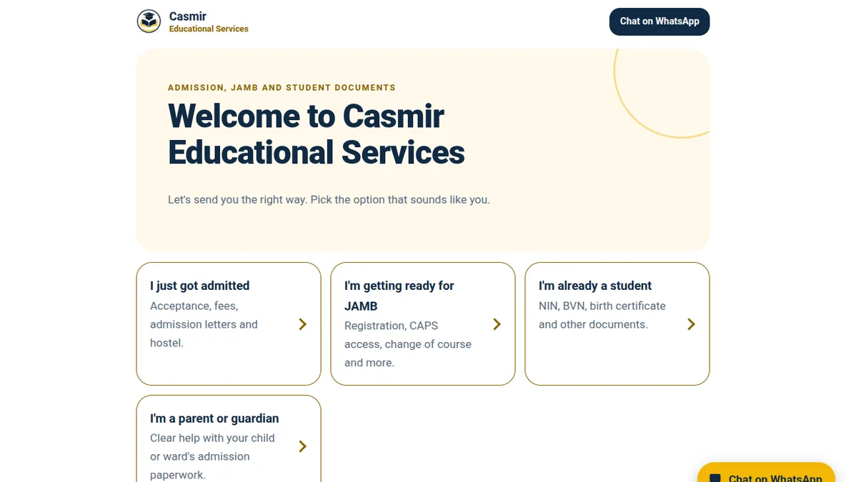 Casmir Educational Services homepage: warm cream hero with the headline 'Welcome to Casmir Educational Services' and cards for new students, JAMB candidates, current students and parents