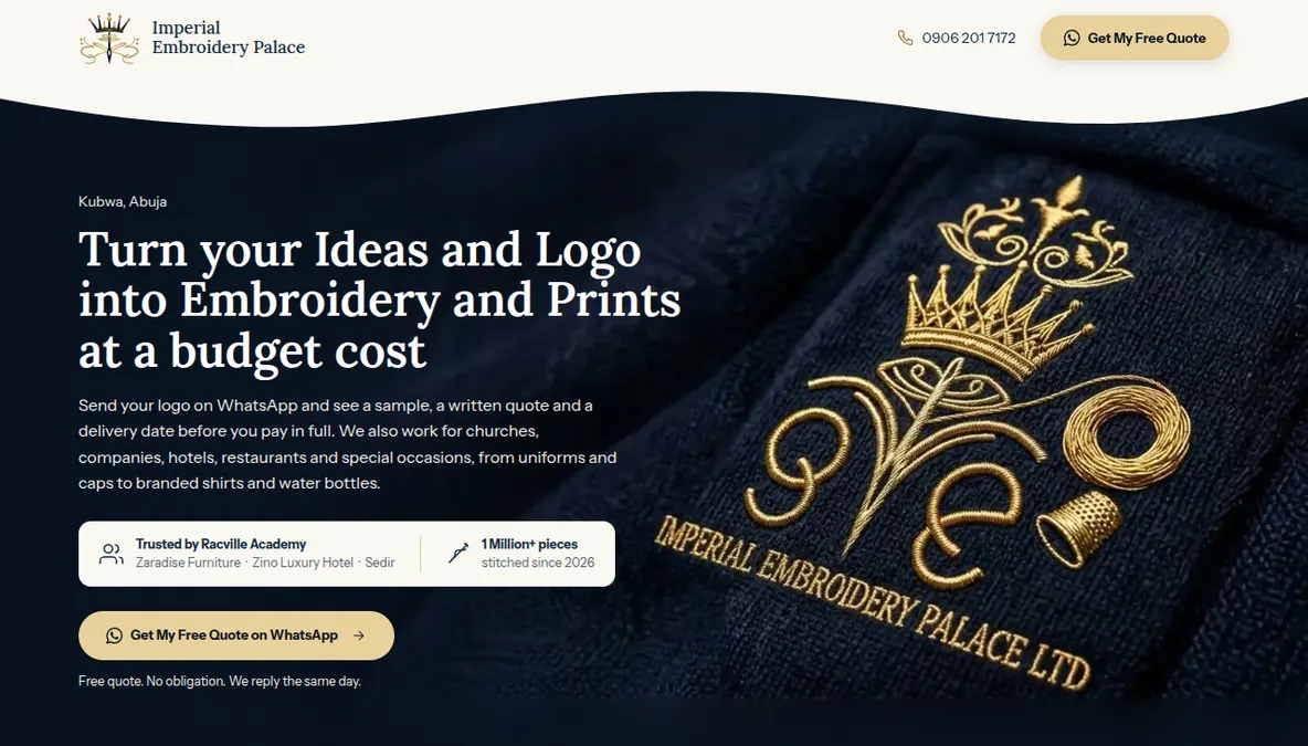 Imperial Embroidery Palace landing page hero: dark navy background with a gold embroidered crest and the headline 'Turn your Ideas and Logo into Embroidery and Prints at a budget cost'