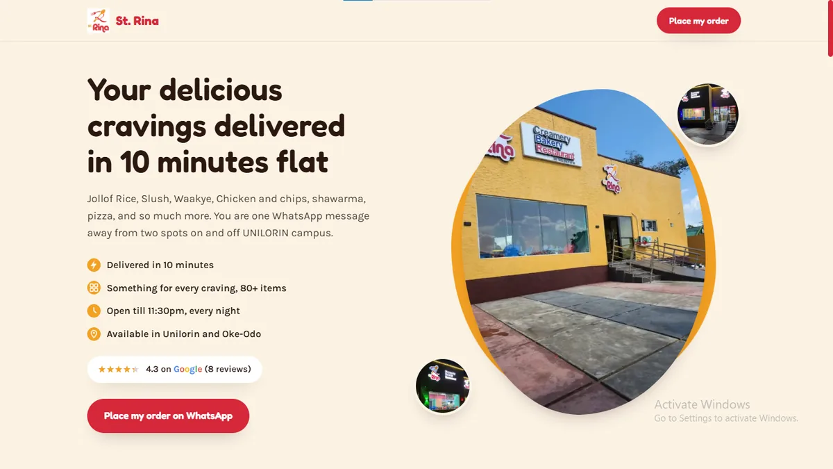 St. Rina Creamery & Confectioneries landing page hero, cream background with the headline 'Your delicious cravings delivered in 10 minutes flat.'