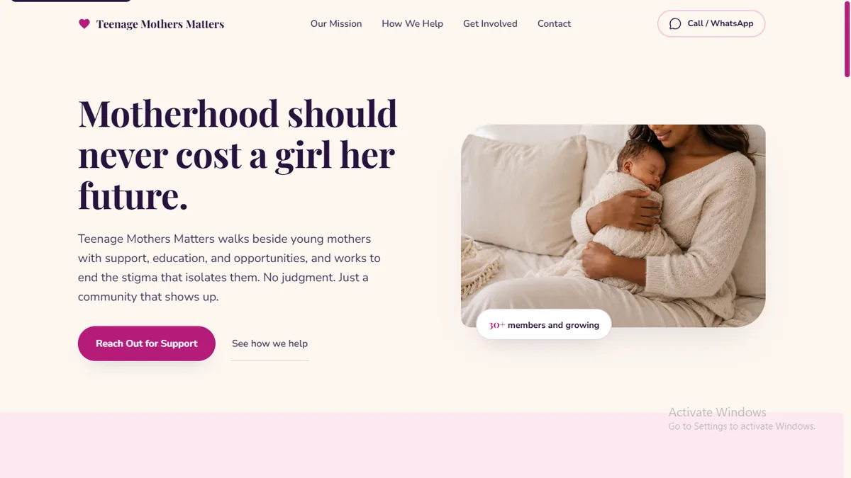 Teenage Mothers Matters homepage, blush background with the headline 'Motherhood should never cost a girl her future.'