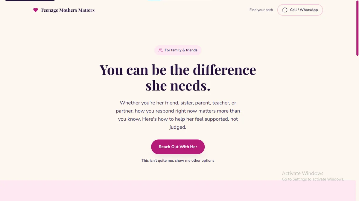 Teenage Mothers Matters persona page for family and friends, headline 'You can be the difference she needs.'