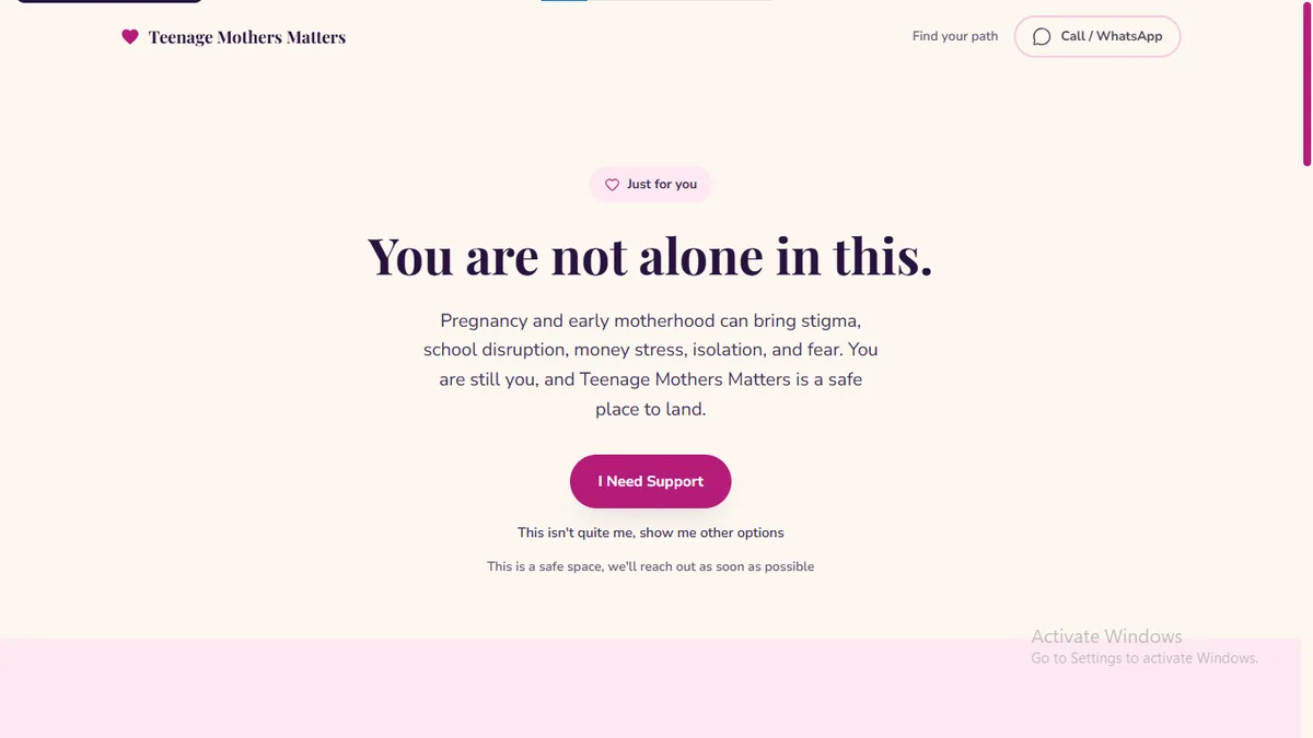 Teenage Mothers Matters persona page for teenage mothers, headline 'You are not alone in this.'