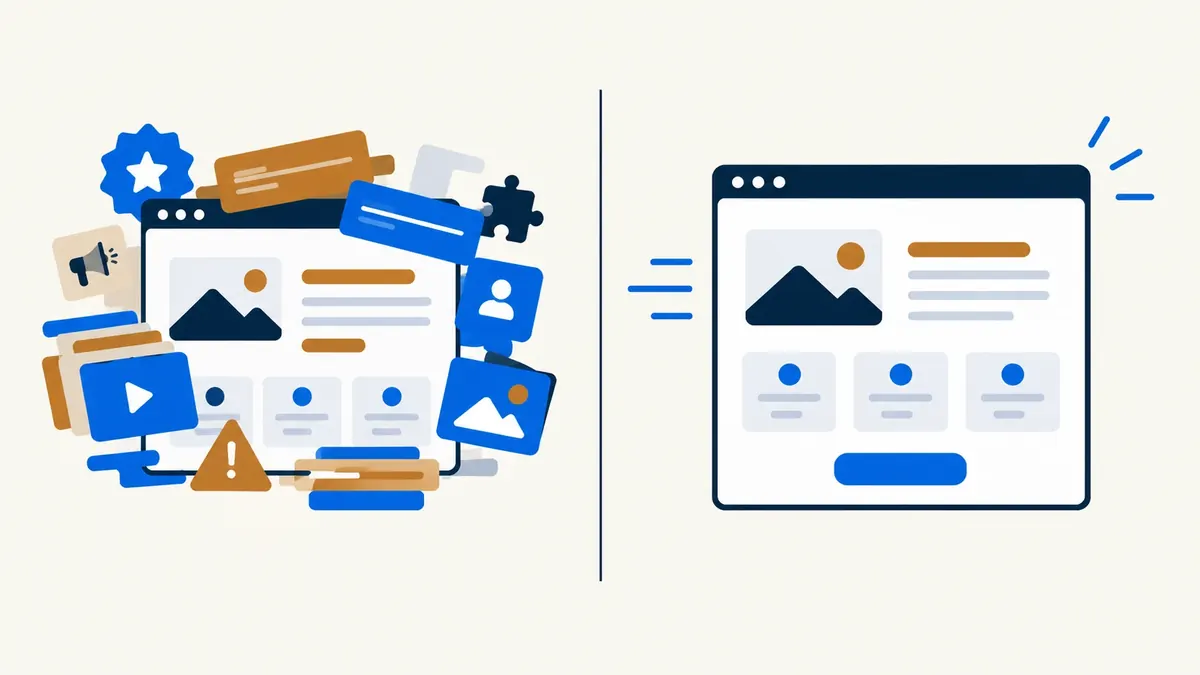 Illustration of a hand-coded page sitting apart from a stack of page-builder apps