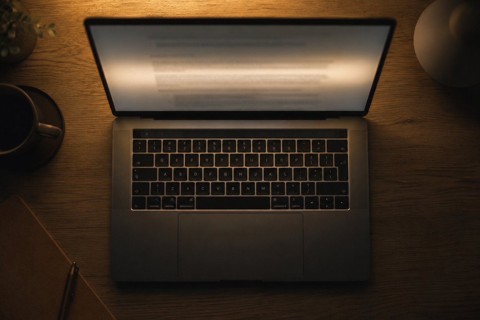 Overhead shot of a laptop screen with light falling across the top third, fading to shadow below