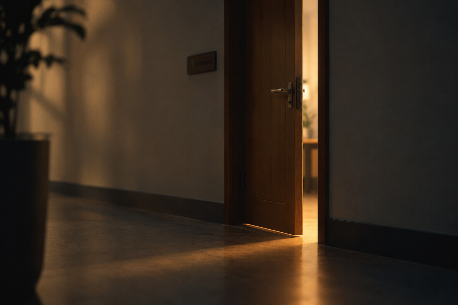 A half-open door with warm light spilling through onto a hallway floor