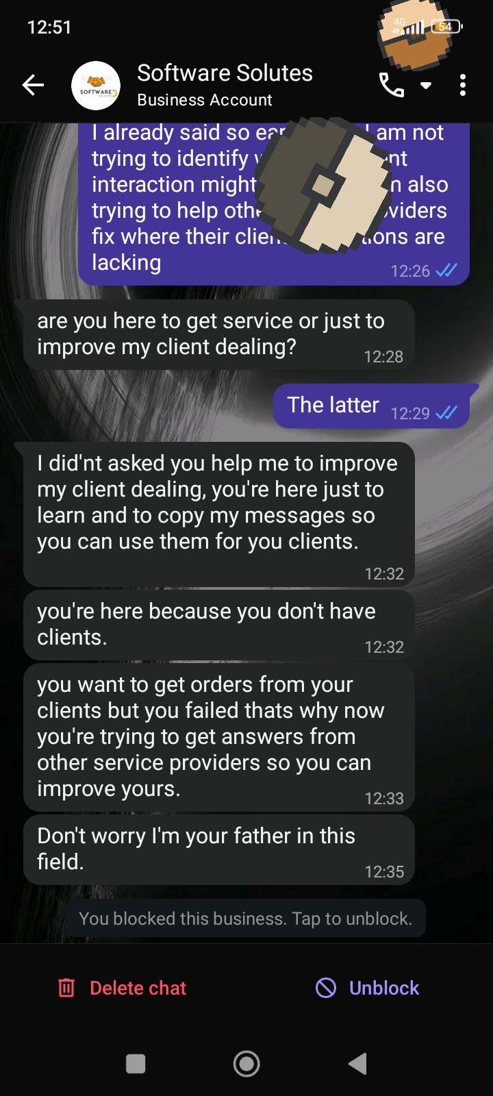 WhatsApp chat showing the business blocked after saying 'Don't worry I'm your father in this field'