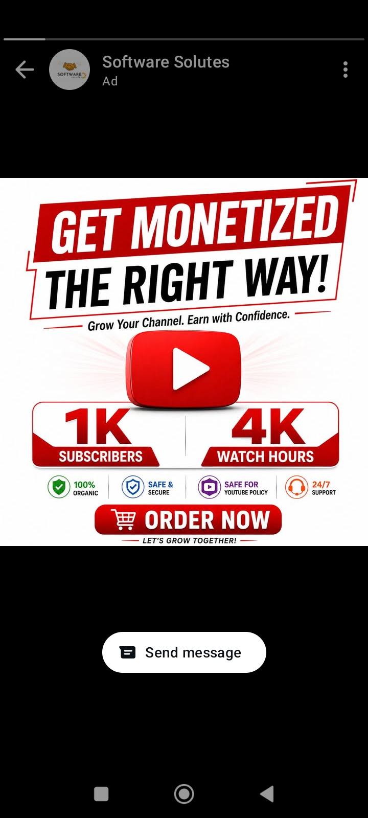Instagram ad for Software Solutes promising 1K subscribers and 4K watch hours, labelled 100% organic, safe and secure, and safe for YouTube policy